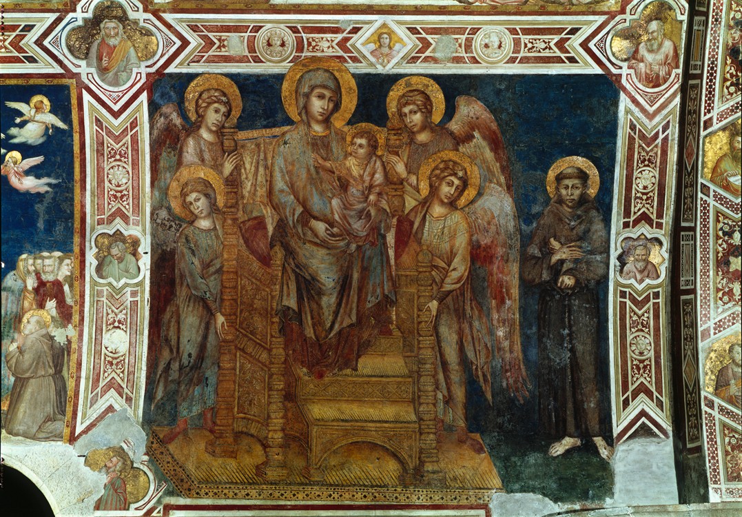 Figure 10-10: Cimabue’s serene but damaged Madonna in Majesty adorns the Basilica of St. Francis in Assisi. The fresco has undergone several major restorations.